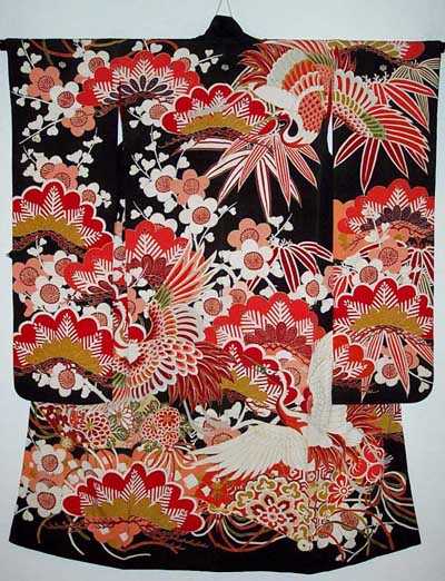 PRE WWII WEDDING KIMONO WITH YUZEN AND SHISHU CRANES WITH PAULOWNIA MON